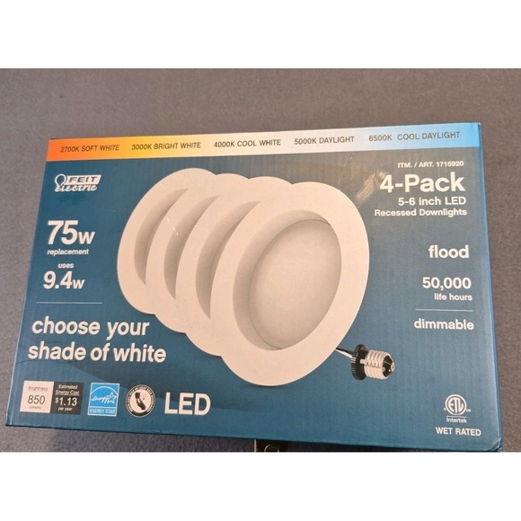 Feit Electric 5-6 in LED Recessed Dimmable Downlights Multiple Shades 4-Pack - Picture 1 of 4